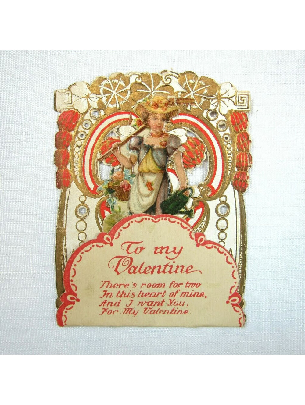 Vintage Valentine 3D Die Cut Victorian Girl Flower Gardener Red Gold Germany